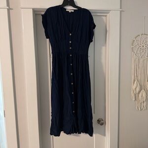 LOFT Navy Midi Dress with Button Detail